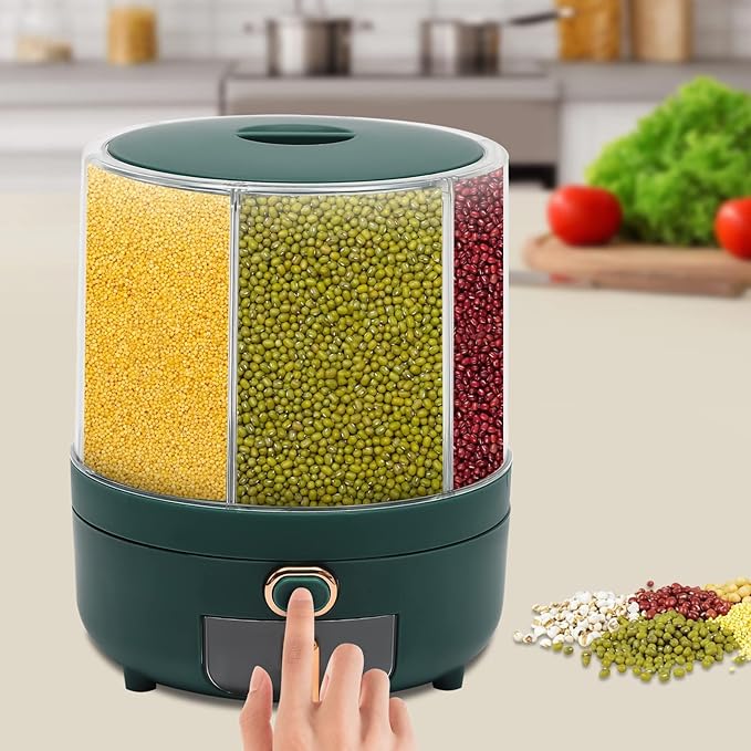 Cereal Dispenser, 6-grid 360° Rotating Grain Dispenser, 6 in 1 Sealed Clear Rice Dispenser, 6.5kg/14.33lbs Grain Storage Container, One-click Output Round Dry Foods Dispenser, 9.25*11.42in Green