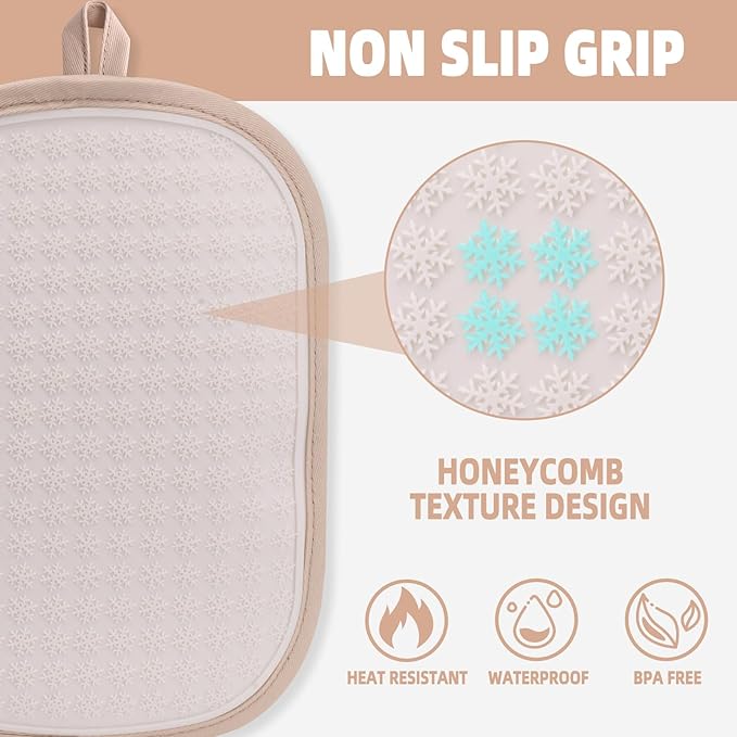 Hovico 2PCS Silicone Pot Holders, Oven Mitts Heat Resistant Hot Pads with Pockets, Non Slip Pot Holder for Kitchen Baking and Cooking| 9.8 x 7 Inches | Towel Cloth Interior Lining - Milkshake
