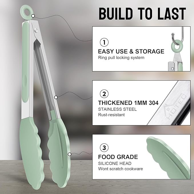 HOTEC Premium 7 & 9 Inch Kitchen Tongs, Stainless Steel Locking Cooking Tongs with Silicone Tips, Non-Scratch & Heat Resistant, Serving Tongs for Salad, BBQ, Light Green, Set of 2