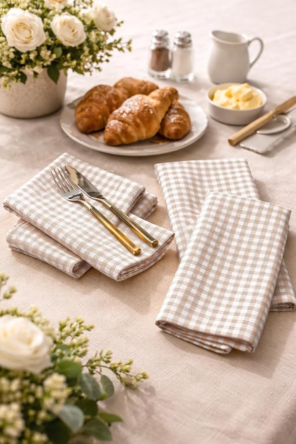 Mini Checked Cloth Napkins, 16x16 inch, Washable, Absorbent, Soft, Elegant Table Decorative Napkins for Holiday, Dinner, Party, Lunch, Wedding, Everyday Use - Beige