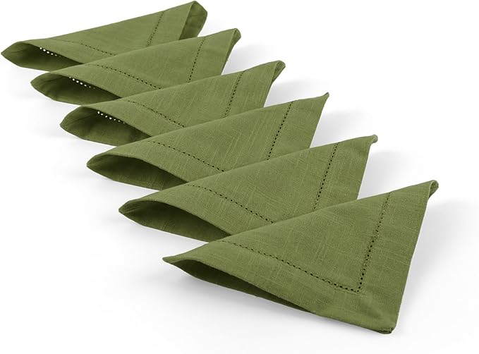 FINGERCRAFT Cocktail Napkins 6 x 6 Inch Premium Quality Cotton, Generous Hemstitch and Mitered Corner Set of 12 Coaster Cloth Olive Green