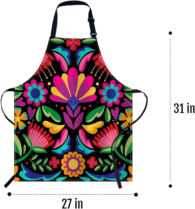 oFloral Colorful Mexican Floral Apron Adjustable Bib Chef Aprons Cooking Apron Unisex Women Men Aprons Perfect for Home Kitchen, Baking, Gardening, Restaurant, Coffee house BBQ