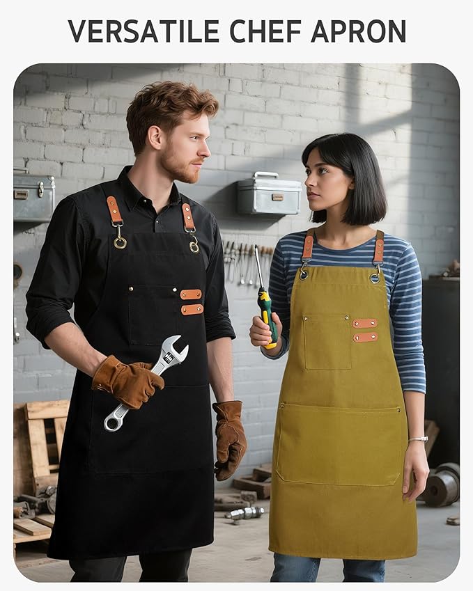 Syntus Apron for Men Women, Adjustable Cooking Kitchen Chef Aprons with 2 Pockets, Cotton/Polycotton/Polyester