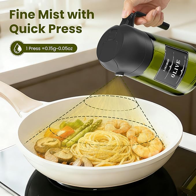 LAKUMIQI 2 in 1 Oil Sprayer for Cooking, 16oz Olive Oil Dispenser Bottle for Kitchen, Food Grade Light-Blocking Leak Proof Glass Spray Bottle for Salad, Air Fryer, BBQ
