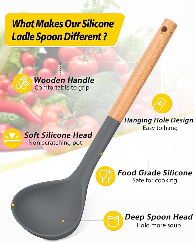 Pack of 2 Soup Ladle, Silicone Ladle Spoon with Wooden Handle, Large Non Stick High Heat Resistant Kitchen Utensils for Cooking, Stirring, Serving Soups(GRAY-BLUE)