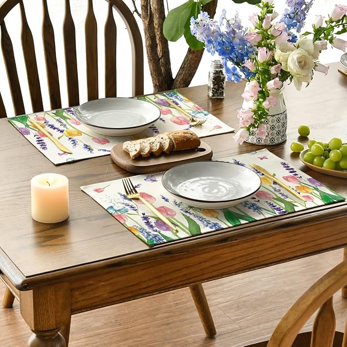 Artoid Mode Lavender Tulip Spring Placemats for Dining Table, 12 x 18 Inch Summer Seasonal Holiday Decoration Rustic Vintage Washable Table Mats Set of 4