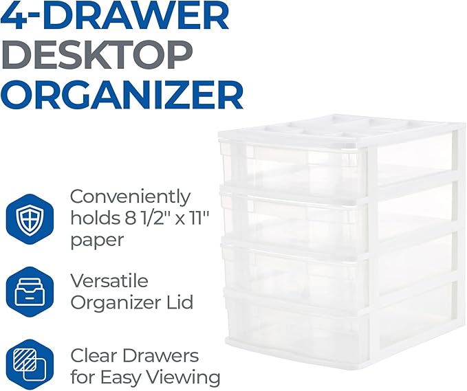 Gracious Living Drawer Organizer, 4-Tier Plastic Storage Desktop Drawers, White Frame - Desk Containers for Bathroom, Bedroom, Office, and Classroom Organization