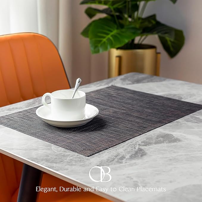 Placemats Set of 6 - Easy Clean Woven Vinyl Placemats for Dining Table, Indoor/Outdoor Place Mats, Washable PVC Table Mats（Black/Brown）