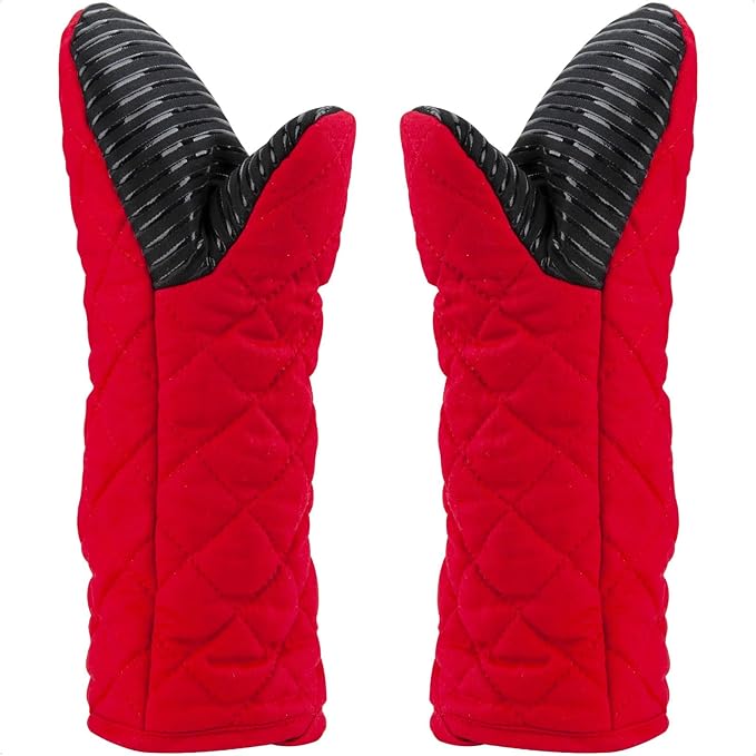 Puppet Oven Mitts Red Cotton Silicone Non-Slip Long Sleeve Arm Soft,Oven Gloves for Women Mum Hot 500℉ Heat Resistant Hand Safe Microwave Home Kitchen Chef Cooking Baking Cookie 13" 2 Pack