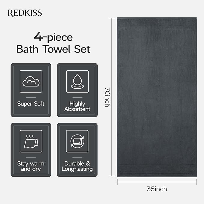 REDKISS Luxury Bath Towels Set of 4, 35x70 in, Highly Absorbent & Quick Dry, Super Soft Extra Large Premium Thick Cotton Gray Bath Sheets for Shower, Hotel, Bathroom, Spa