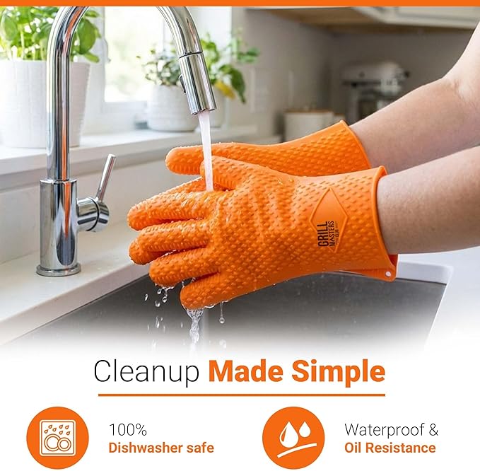 Grill Masters Club Silicone Gloves Heat Resistant for BBQ & Cooking – Heat Resistant Kitchen Gloves, Silicone Mitts & Grill Mitts for Outdoor Grill BBQ (Dishwasher Safe, Heat Safe to 446°F)