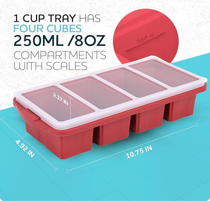 Silicone Freezer Tray With Lid-Soup Freezer Container molds-Large Ice Cube Tray Set Makes 1-Cup & 2-Cup portions cubes Perfect for preparing meals in different portion sizes Oven & Dishwasher -Safe