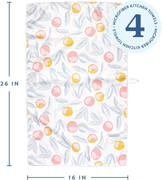 ELYN Microfiber Kitchen Dish Towel Set, Quick-Dry & Absorbent Waffle Weave Cleaning Towels, Set of 4 Kitchen Towels, Paper Towels Alternative (Oranges & Gingham)