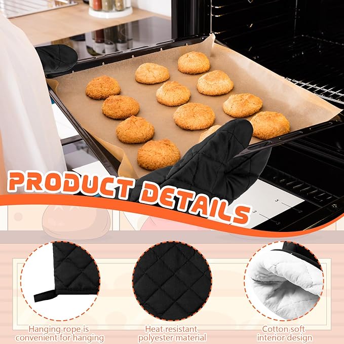 6 Pairs Heat Resistant Oven Mitts Kitchen Oven Gloves 11 Inch Long Quilted Cotton Polyester Kitchen Gloves for Cooking, Baking, Grilling BBQ (Black)