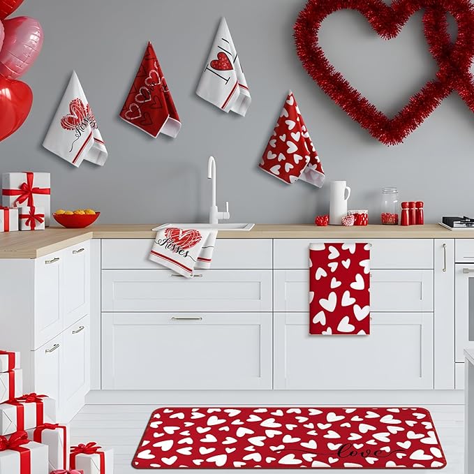 VitalCozy 10 Pcs Valentine's Day Kitchen Decor Set Heart Kitchen Towels and Rugs Oven Mitts and Pot Holders Set Absorbent Tea Hand Towels for Chef Baking Cooking Grilling BBQ Gift