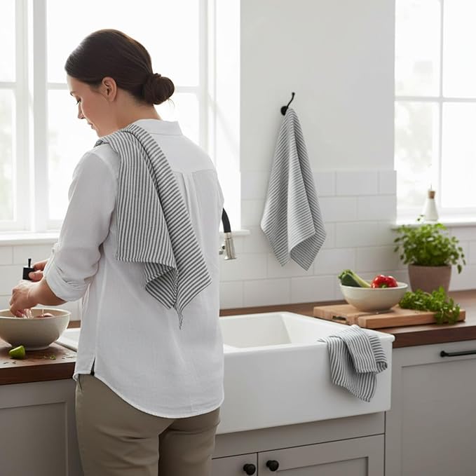 Eight Owls Stonewashed Linen Kitchen Dish Towels - 20 x 27 inch – 100% Pure Linen Tea Towel/Hand Towel - Set of 2 (Gray Stripe)
