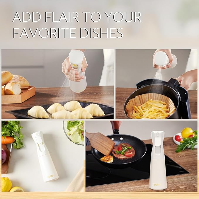 OLIVIA Signature Oil Sprayer for Cooking, 200ml Glass Olive Oil Sprayer, Continuous Cooking Spray with Portion Control, Oil Dispenser for Kitchen, Air Fryer, Salad, BBQ (White Bottle, Gold Print)
