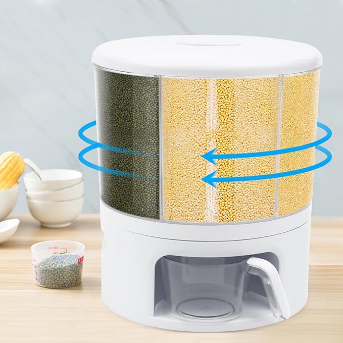Rice Dispenser 6 Grids Dry Food Storage Containers 360° Rotating Cereal Dispenser for Kitchen Pantry Organization, Storage Bucket for Small Grains, Beans, Rice (6 Grids - Rotating White)