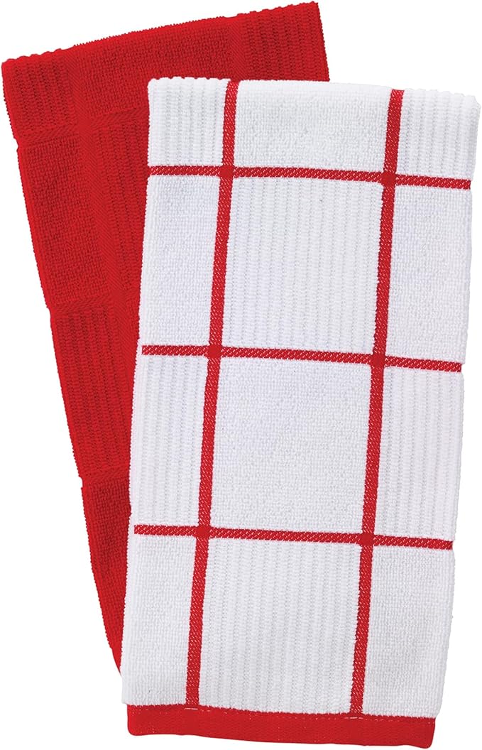 T-Fal Solid & Checked Parquet Kitchen Towels: Highly Absorbent, Super Soft Long Lasting - 100% Cotton, 16"x26" Dish Towels for Cleaning & Drying Dishes, Pans, Glassware, or Countertops, (2-Pack), Red