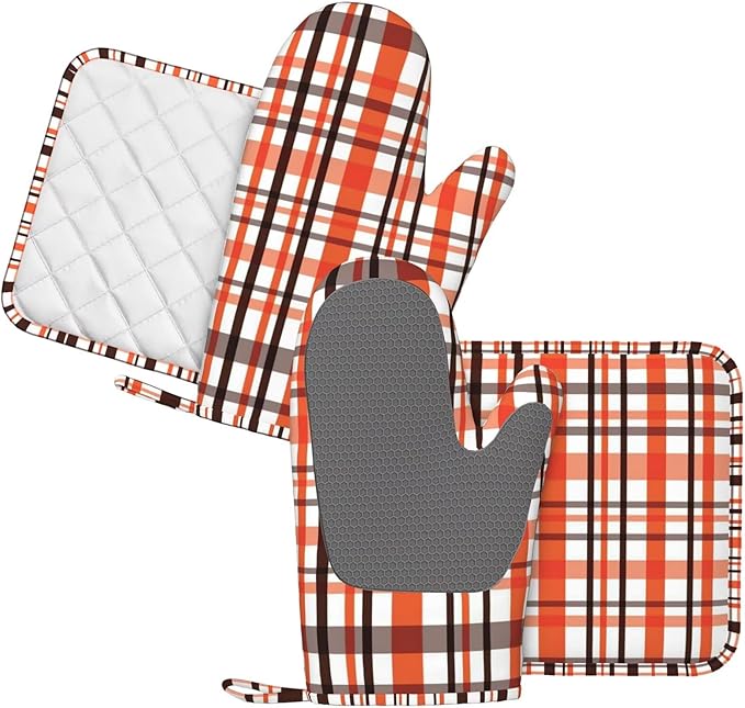 Orange Black Buffalo Plaid Fall Oven Mitts and Pot Holders Set, 4pcs Silicone Oven Glove for Kitchen Heat Resistant Oven Mitts and Potholders Non-Slip for Cooking