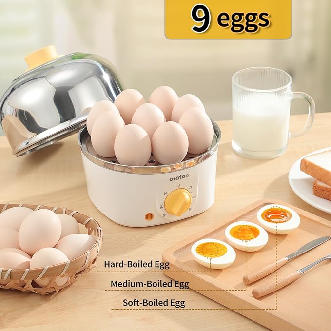 Oroton 9-Egg 304 Stainless Steel Egg Cooker – Steam & Boil Eggs with Timer, Automatic Shut-Off & 3 Cooking Modes (Black)(Hard/Medium/Soft)