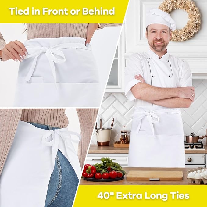 ROTANET Long Server Apron Black with 3 Pockets Bistro Half Aprons for Men Women Waiter Waitress Chef 28 Inch Waterproof
