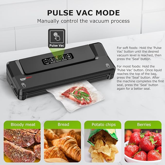 Bonsenkitchen Vacuum Sealer Machine | Compact Food Sealer for Kitchen Storage & Meal Prep | Multiple Modes | External Vacuum System | 5 Bags, Black