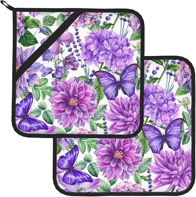 Pot Holders 2PCS Purple Flower Butterfly,Kitchen Heat Resistant Pot Holder for Women Men Home Cooking Baking Microwave BBQ Gifts