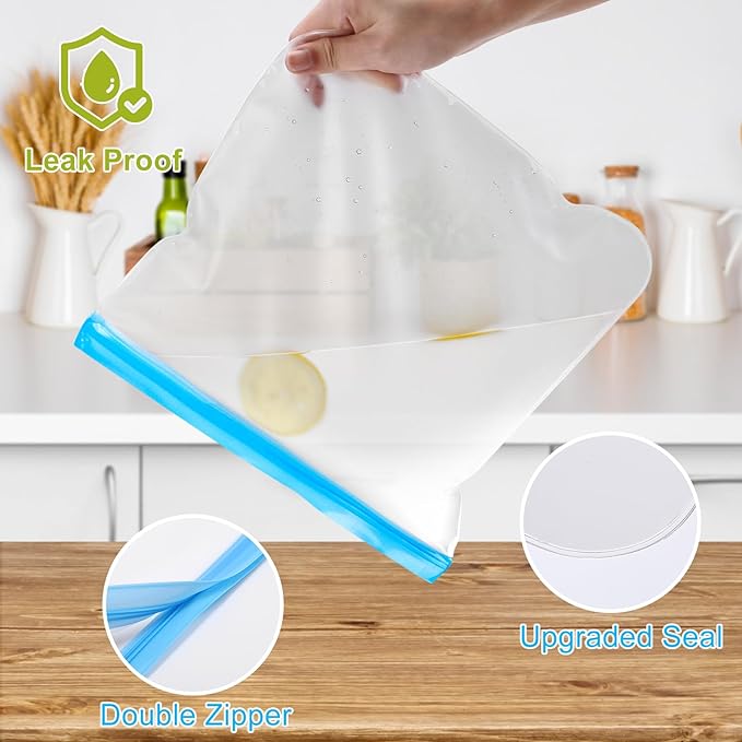 Lerine 10 Pack Dishwasher Safe Reusable Bags, Leakproof Reusable Freezer Bags, BPA Free Food Storage Bags for Lunch Marinate Food Travel(White) - 3 Gallon 4 Sandwich 3 Snack Bags
