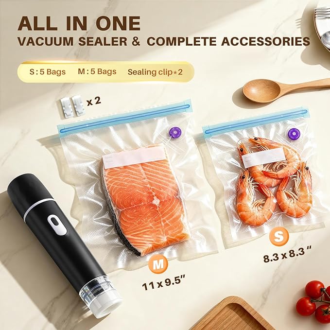 Compact Vacuum Sealer for Food, 100KPA Powerful Suction Handheld Vacuum Sealer Machine, Rechargeable Design with Visible Detachable Tank,10 Reusable BPA-Free Bags for Meal Prep, Camping & RV Travel