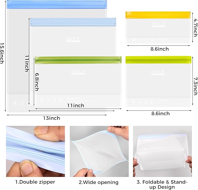 SPLF 10 Pack Stand-Up Reusable Quart Freezer Bags Dishwasher Safe, Extra Thick Leakproof 1 Quart Food Storage Bags, BPA Free Bags for Meal Prep, Sandwich, Snack, Fridge Organization