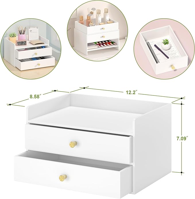 Bamboo Desk Organizer with Drawers Wooden Desktop Storage Drawers for Bills Office Supplies Kitchen Utensils Organizing Tool for Home Classroom Organization No Assembly (White, 2 Drawers)