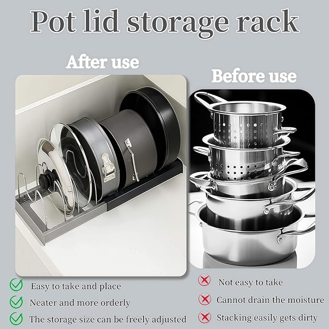 Lid organizers inside cabinet adjustable, Kitchen Pot lid organizer for Bowls, Lids, Cutting boards, Tableware, Dish storage rack for cabinets, drawers, countertops & sinks