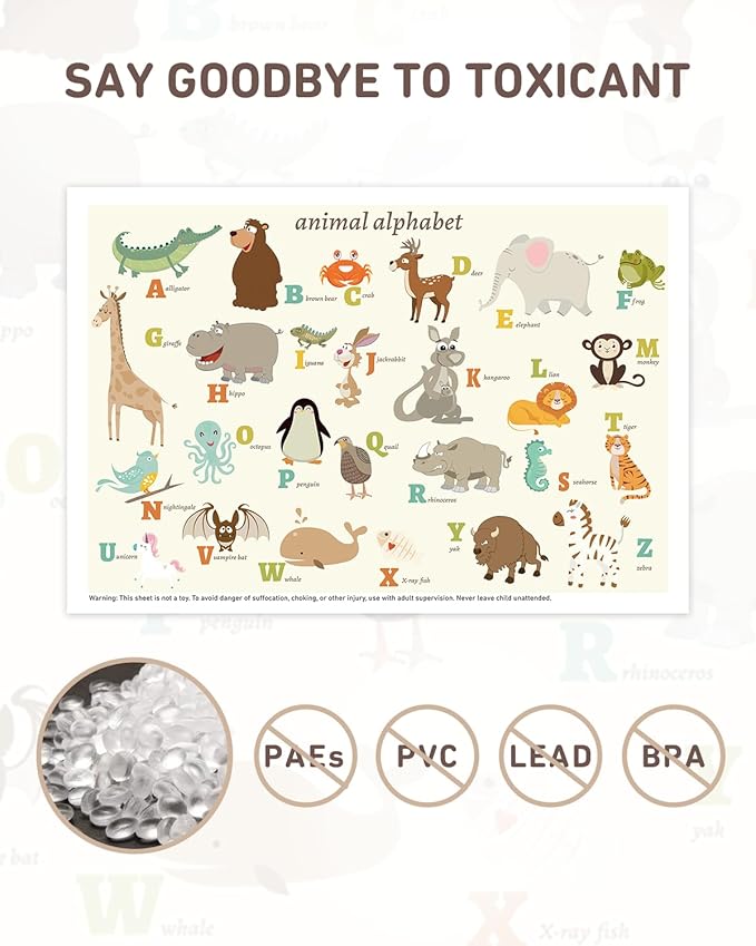 Babebay Disposable Stick-on Placemats 40 Pack for Baby & Kids & Toddler, Sticky Placemats Restaurant Table Mats 12" x 18" (Animal Alphabet)