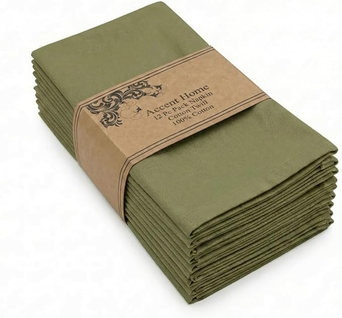 ACCENTHOME Accent Home 100% Cotton Napkins, Delicate Cloth Napkins for Dinners, Parties and Weddings，18 x 18 Inch Set of 12 - Olive Green