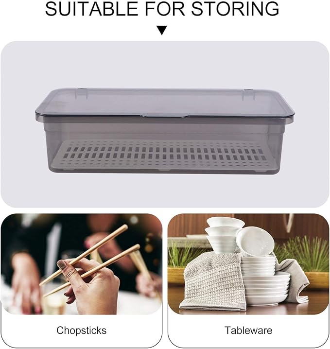 Cabilock 3Pcs Flatware Tray with Lid and Drainer, Plastic Silverware Drawer Organizer, Dustproof Cutlery Tray for Spoons Forks Knives Chopsticks, Kitchen Utensil Storage Container