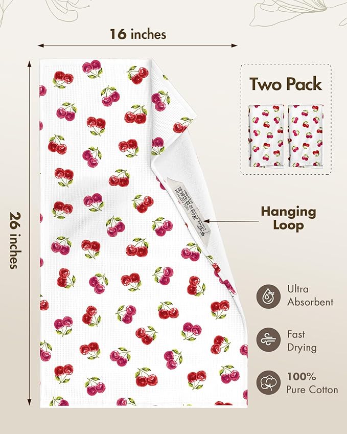 Miss Adola 2pcs Waffle Kitchen Towels - 16x26 Inch Cotton Waffle Weave Dish Cloths Set of 2 with Hanging Loop Absorbent Hand Tea Towels Cute Design for Housewarming Gift, Cherry