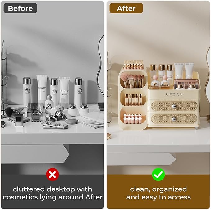 Makeup Organizer for Vanity with Brush Holder, Large Plastic Bathroom Countertop Skincare Organizer with 2 Drawers, Spacious Cosmetic Display Case for Perfumes, Eyeshadow Palettes, Nail Polishes