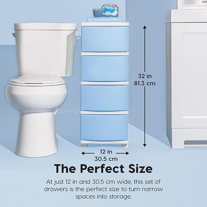 IRIS USA Plastic Drawer Storage Organizer, 4-Drawers, for Classroom Art Supplies Bathroom Dorm Bedroom Laundry Room, Slim Narrow, White Frame with Matte Blue Front Panels