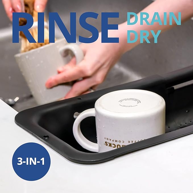 BLUE GINKGO Over the Sink Colander Strainer Basket - Wash Vegetables and Fruits, Drain Cooked Pasta and Dry Dishes - Extendable - New Home Kitchen Essentials (Black, 1 Pack)