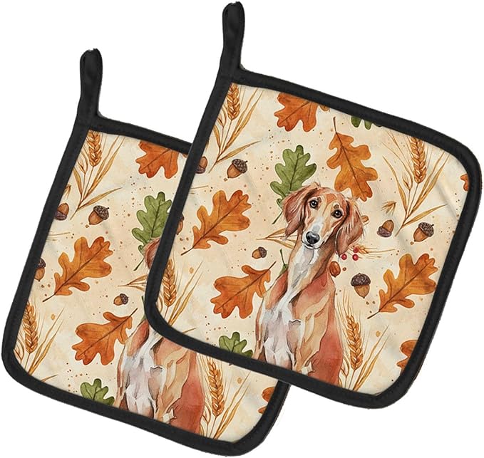 Caroline's Treasures Red Saluki Heirloom Fall Pair of Pot Holders Pair 7.5x7.5 Quilted Insulated Hot Pads Decorative Kitchen Gift Made in USA