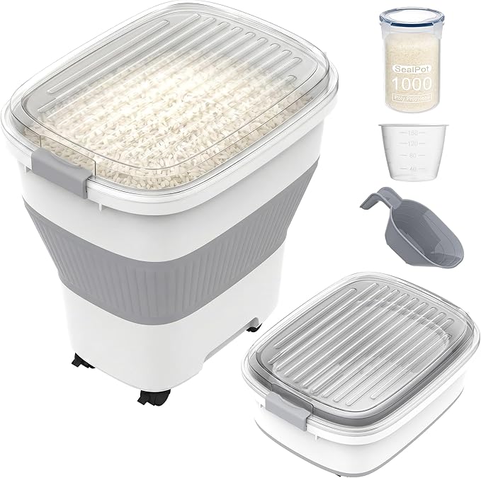 HOYTAMDAR 20-50Lbs Rice Container,Collapsible Food Storage Containers with Airtight Clear Lid,Wheels,Rice Storage Container with Small Bin and Scoop,Rice Dispenser for Flour Sugar Cereal Grain Dog Cat