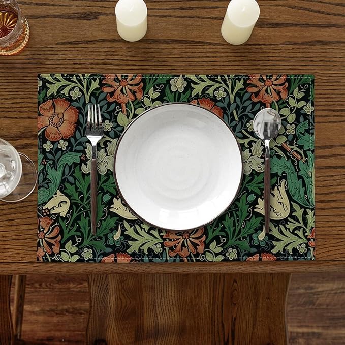 Ansouyi Placemats Set of 6, William Morris Floral Art Nouveau Pattern Washable Heat Resistant Linen Table Mats, Kitchen Decor Non-Slip Place Mats for Party Dining, 12x18 Inch