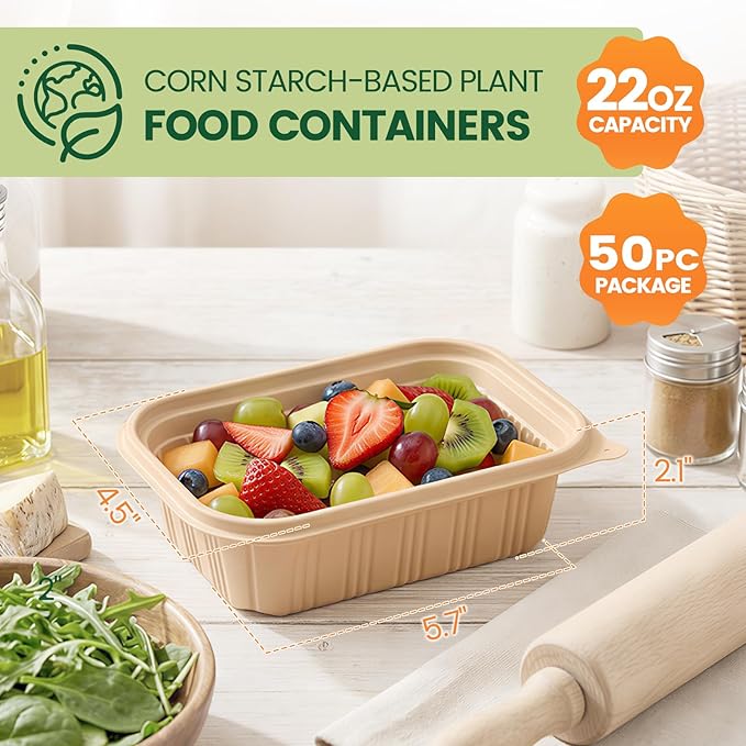 100 Piece (50 Pack) Food Containers with Lids, 22 oz Meal Prep Containers Reusable Cornstarch Plant-based Lunch Box BPA Free Small Plastic Disposable Take Out Boxes for Salad Microwave & Freezer Safe