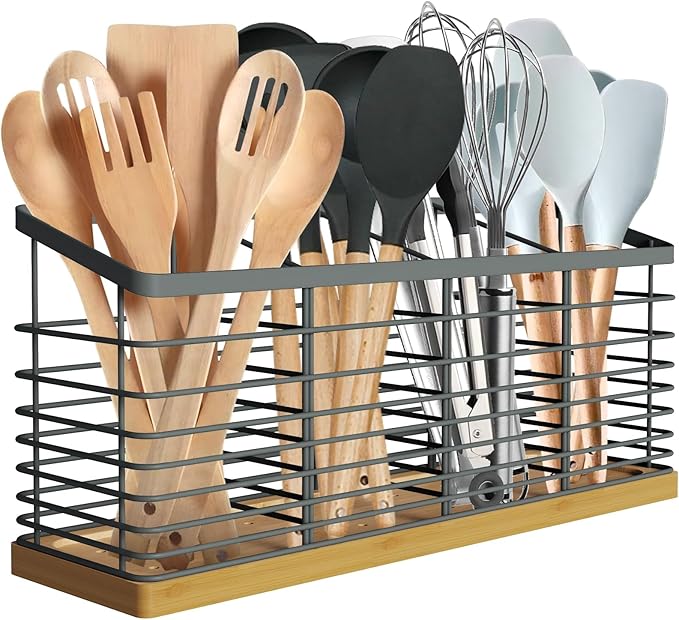 Suli Extra Large Kitchen Utensil Holder with 4 Compartments，Metal holder with Wooden Base for Kitchen Countertop，Farmhouse Cooking Utensil Storage, Rustic Cooking Utensil,Grey
