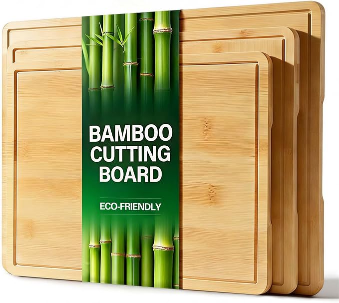 Zarler Bamboo Cutting Boards for Kitchen, 3 Piece Durable Wood Cutting Board with Juice Grooves and Handles, Wooden Chopping Board Set for Meal Prep, XL Size, Ideal Kitchen Gift