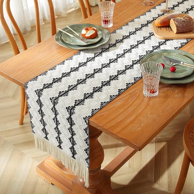 Boho Table Runners with Tassels 72inches, Macrame Farmhouse Table Runner for Dining, Bedroom & Kitchen Decor (Black and White)
