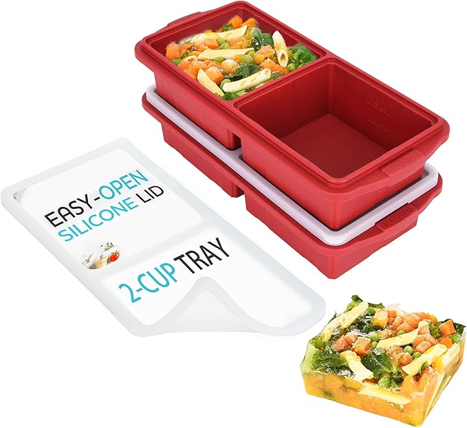 XOMOO Silicone Freezer Tray With Lid-Soup Freezer Container molds-2-cup Extra Large Ice Cube Tray-makes 4 perfect 500ml portions cubes, For freezing soup,stews,sauces.Oven&Dishwasher-Safe(2-Pack)