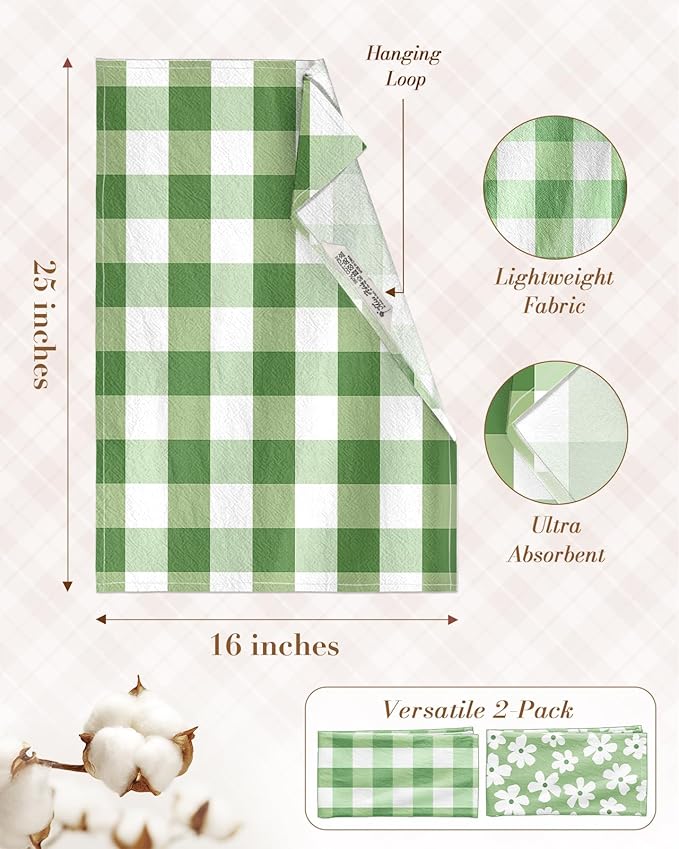 Miss Adola 2pcs Flour Sack Kitchen Towels - 18"x 26" Cotton Kitchen Hand Towels with Hanging Loop Reusable Geometric Green Farmhouse Plaid Floral Tea Towel Absorbent Dishcloths Home Decor, Sage Green