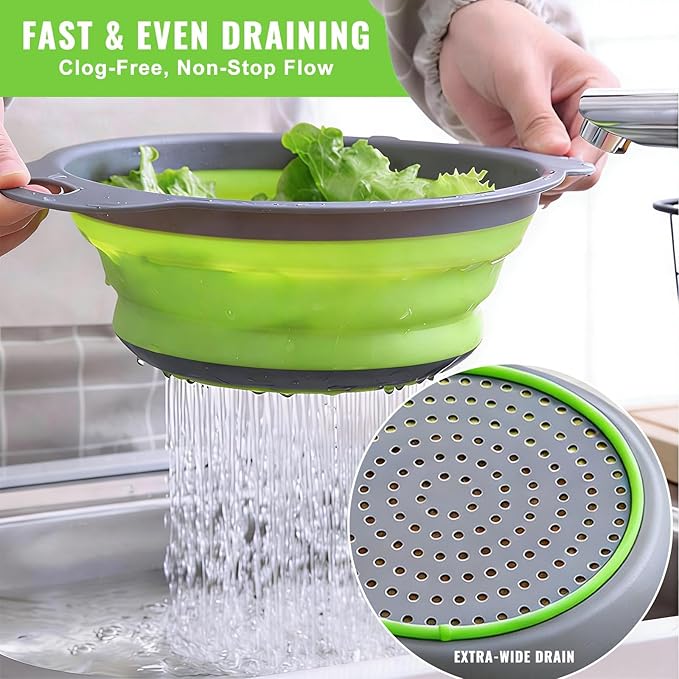 Collapsible Colander Set of 2, Folding Kitchen Strainers with Handles, Space-Saving Over-the-Sink Drainers for Pasta, Veggies & Fruit, BPA-Free, Dishwasher Safe, RV & Camping (Green)